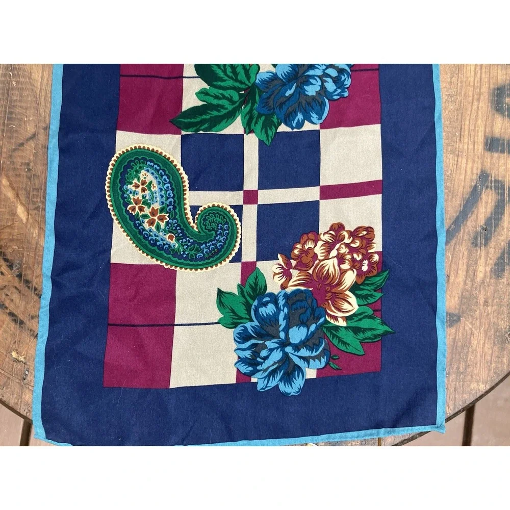 Vintage Albert Nipon Silk Scarf Blue Floral Paisley Checkered Japan 10x52 Inches